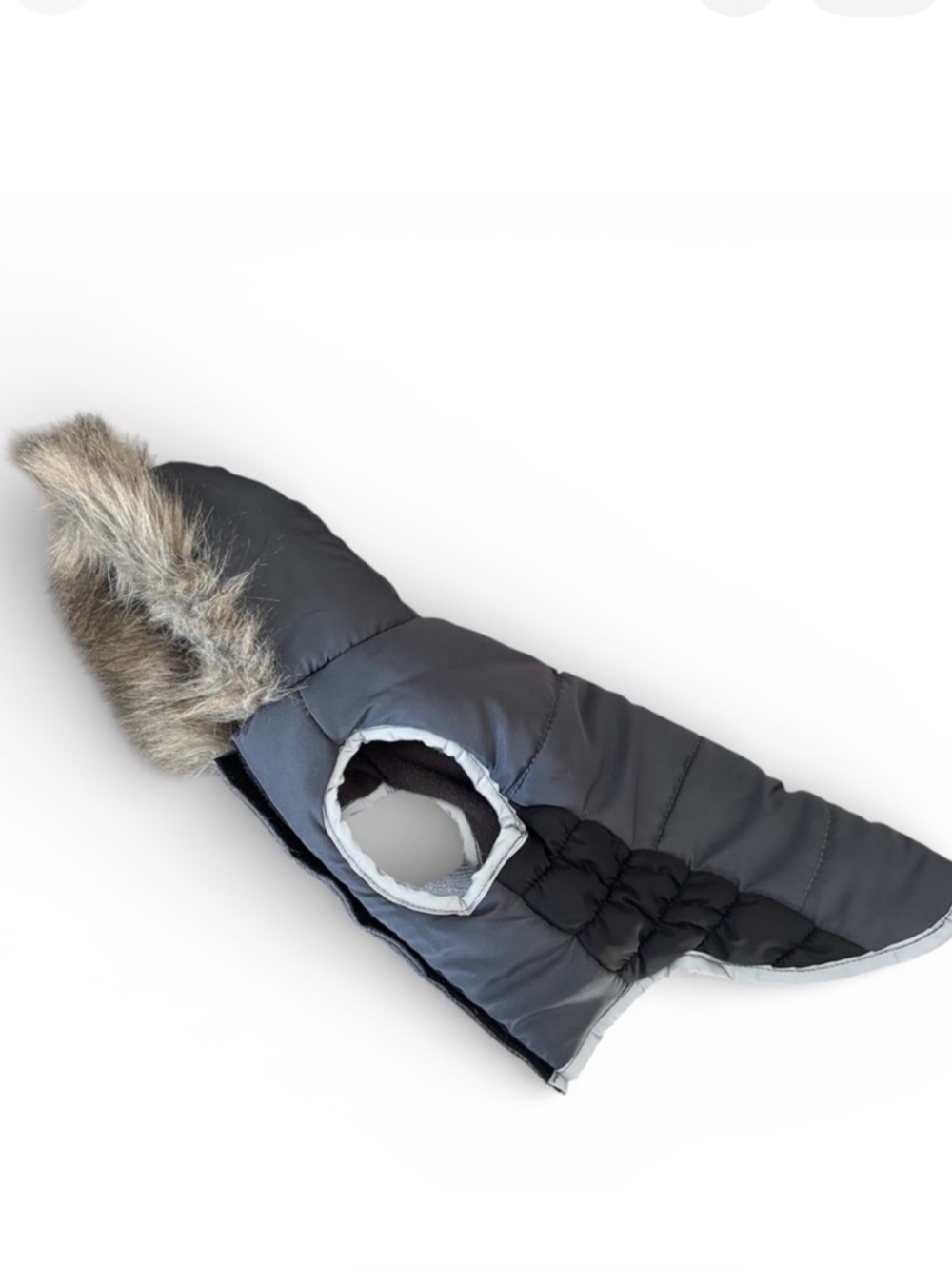 Gray Dog Coat with Faux Fur Trim & Fleece Lining, [Small]